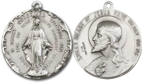 Extraordinary Rare Quality Vintage Die Very Large .925 Solid Sterling Silver Miraculous Medal Virgin Mary Immaculate Conception and Sacred Heart of Jesus Vatican Commissioned 100 Year Old Design Relic Medal Pendant Necklace with a solid 24" Rhodium Finished Stainless Steel Chain