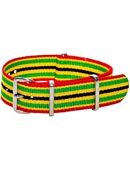 20mm Classic SS Nylon Striped Yellow / Green / Red - Easily Interchangeable Replacement Military Watch Band / Strap - Fits All Watches!!!