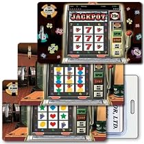 Lenticular Standard Luggage Tag with Clear Plastic Loop, Horizontal animated slot machine image. When tilted the handle is pulled and the slot machine hits the jackpot and chips appear, LT01-951H