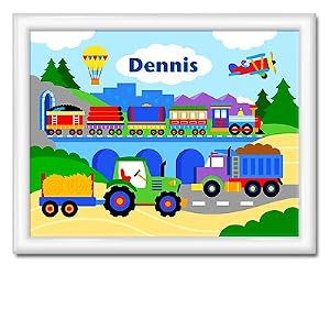 Olive Kids Trains Planes and Trucks Large Framed Art- Gloss White Frame by