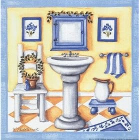 Blue Bathroom - Sink by Kathy Middlebrook. Size 9.55 inches width by 8.94 inches height. High Quality Art Poster Print