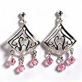 Sterling Silver Earrings with Pink CZ - Size: 32mm