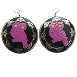 Pink Black Owl Design Gold Tone Dangle Earring Jewelry