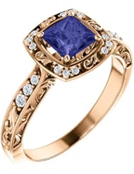18K Rose Gold 5.00x5.00mm Princess Cut Tanzanite and Diamond Ring -- LIFETIME WARRANTY