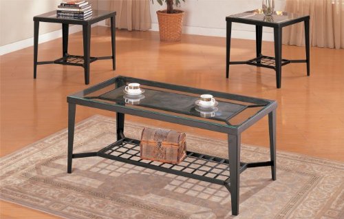 Cheap 3 Pc. Set Metal frame Coffee Table with 2 End Tables 5mm Beveled Top in Espresso Finish (F3086)