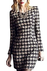 Fall Winter Cotton Long Sleeves Round Neck Houndstooth Print Plaid Print Short Shift Bodycon Dress 