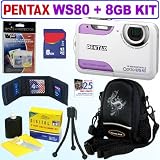 Pentax Optio WS80 10MP Waterproof Digital Camera (White and Purple) + 8GB Accessory Kit