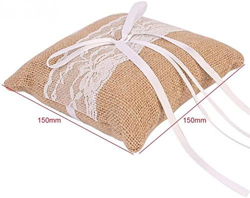 Ixiang Burlap Lace Ribbon Rustic Wedding Ceremony Ring Pillow Bearer Cushion 6 Inch