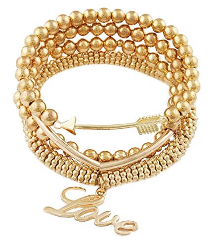 2 Sets of of Goldtone Style Love, Heart and Arrow Charms Beaded Stretch Bundle Bracelet