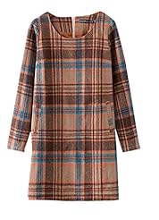 Fall Winter Plaid Print Round Neck Wool Long Sleeves  Dress