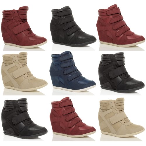 WOMENS LADIES VELCRO LACE UP STRAP WEDGE HI TOPS TRAINERS BOOTS SIZE 6 39