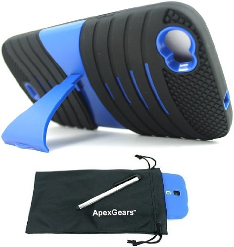 For BLU Life View L110 Rugged Arched Hybrid Kickstand Phone Cover Case with Stylus Pen and ApexGears (TM) Phone Bag (Black Blue)