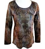 Skinny Minnie - Vanilla Sugar Gemini Long Sleeve, Rhinestone Studded, Scoop Neck, 100% Polyester Printed Top - Charcoal