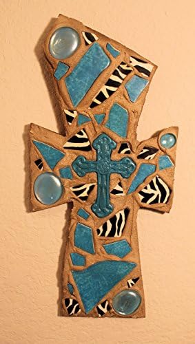 Collectible Decorative Mosaic Wall Cross, Item # S-603, 13 in. x 6 in., Zebra and Turquoise color, Handmade