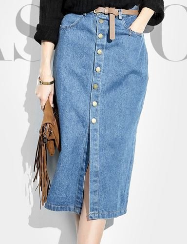 (ALLURE) デニム ロング スカート フロントボタン レトロ ペンシル フレア スカート AF0510