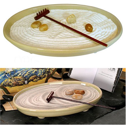 Classic Zen Garden: Great Relaxation Gift Idea Includes Ceramic Tray, Polished River Rocks, White Sand and a small Meditation Booklet.
