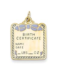 14k Yellow Gold Enameled Blue Engravable Birth Certificate Charm