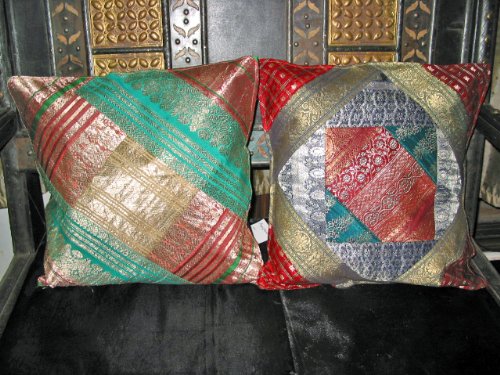 Christmas Gift-2 Green Teal Magenta Zari Vintage Sari Toss Pillow Cushion Covers