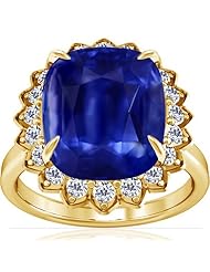 14K Yellow Gold Cushion Cut Blue Sapphire Ring With Sidestones