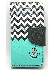 Wireless: myLife Black - White and Pacific Blue Chevron + Love Anchor {Modern Design} Faux Leather (Card, Cash and ID Holder + Magnetic Closing + Hand Strap) Slim Wallet for the iPhone 5C Smartphone by Apple (External Textured Synthetic Leather with Magnetic Clip + Internal Secure Snap In Hard Rubberized Bumper Holder) - myLife Brand Products