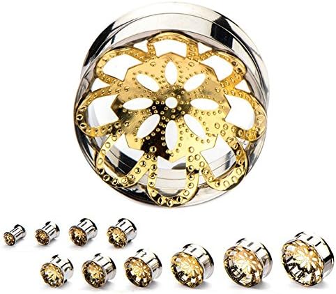 Pair of Stainless Steel Double Flared Gold Plated Mandala Inlay 2 Tone Plug Body Piercing Jewelry (10MM 00G)