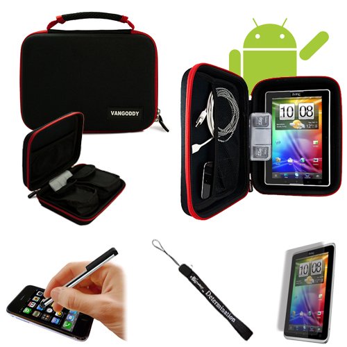 Red Trim, Black //STAY ORGANIZED// Travel Easy with Maximum Protection Hard Nylon Cube Carrying Case For WiFi HotSpot GPS 5MP 16GB Android OS AD2P 7 Inch Tablet Device + Includes a eBigValue (TM) Determination Hand Strap + Includes a Universal Graphic Des