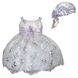 Newborn Girls Dress - Lilac Flower Embroidery on White Sheer w/ Hat (0/3M, 3/6M, 12M, 18M) , 0/3M (S)