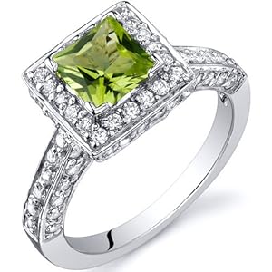 Princess Cut 0.75 Carats Peridot Engagement Ring in Sterling Silver Rhodium Finish Size 8