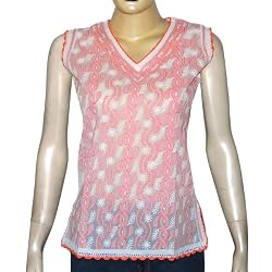 Sleeveless Top White Cotton Embroidered Kurti Size S