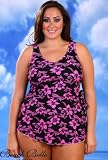 Pink Floral Plus Size D-F Cup Underwire Sarong Front One Piece Swimsuit - Women's Swimwear Plus Size Swimsuit