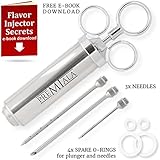 The Only Meat Injector using 304 Stainless Steel for ALL Food-Facing Parts +3 needles +4 Spare O-rings +eBook! 2oz Professional Flavor Marinade Injector Kit Best for Beef Chicken Turkey Jam in Donuts