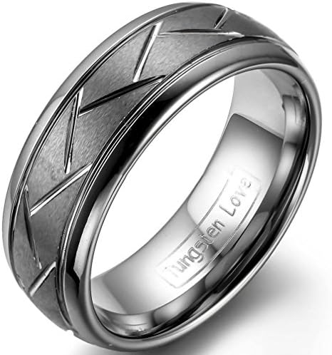 Janestore 8mm Matte Tungsten Carbide Ring Dark Gray Zig Zag Grooves Mens Dome