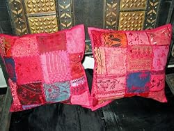 2 Cerise Pink Handmade Embroidered Patch Work Cotton Pillow Covers Cases 16x16