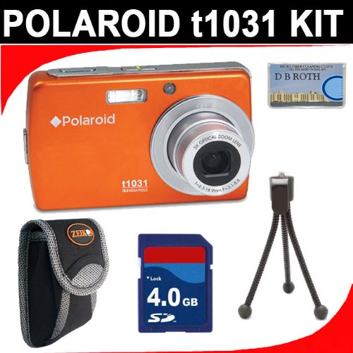 Polaroid t1031 10.0 MP Digital Camera - 3 x optical zoom (Orange) with 4GB Secure Digital Memory Card + Small Digital Camera Case + Mini Table Tripod Polaroid t1031 10.0 MP Digital Camera - 3 x optical zoom (Orange) with 4GB Secure Digital Memory Card + Small Digital Camera Case + Mini Table Tripod