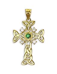 10k Gold Trinity Knot Diamond Celtic Cross Pendant with Genuine Emerald