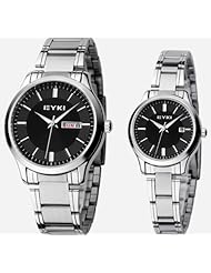 EYKI 8598-S02 Couple Watches Quartz Waterproof Wristwatches for Lovers Pair in Package Black Dial and Stainless Steel Band