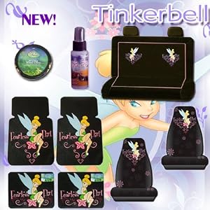 NEW 11 Pcs Tinkerbell Fearless Flirt Combo Front Rear Car Floor Mats, Seat Covers, Rear Bench Set Cover, Steering Wheel Covers and a 2oz Travel Size Purple Slice the Multi Purpose Detailer and Cleaner