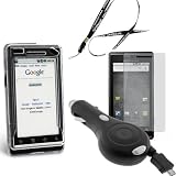 Motorola Droid A855 Accessory Bundle: Retractable Car / Auto Charger + Crystal Clear Transparent Case Cover with Belt Clip + Premium Quality Screen Protector Shield + Free Neckstrap