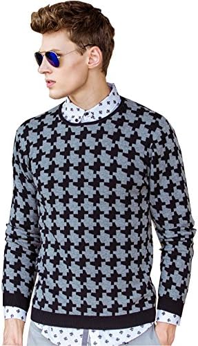 Pste Men's Crew Check Print Fall Slim Cotton Knit Sweater Jumper Dark Grey S