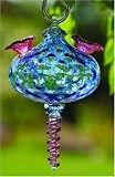 Aqua Blue Long Tailed Hand Blown Glass Hummingbird Feeder with Booklet