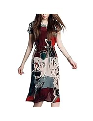 A-line Floral Print Elasticized   Waistline Short Sleeves Acetate/Rayon Midi Dress 