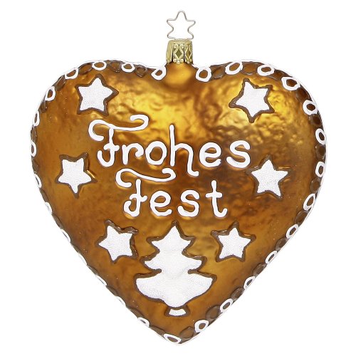 Inge-glas 68178-1 Lebkuchen-Herz Frohes Fest, 15.5 cm, Glasornament, mundgeblasen und handbemalt