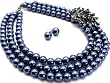 Navy Blue Pearl Multi Strand Necklace with Crystal Stones Flower Broach