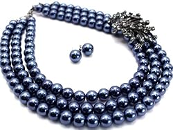 Navy Blue Pearl Multi Strand Necklace with Crystal Stones Flower Broach