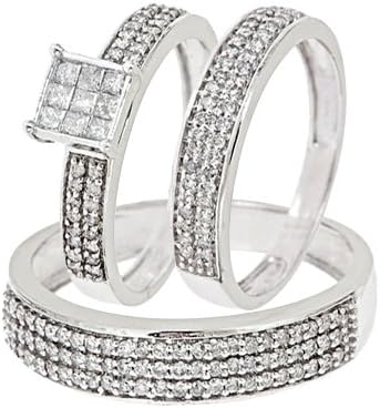 1 CT. T.W. Round, Princess Cut Diamond His and Hers Trio Matching Wedding Ring Set 10K White Gold - Size 10.5