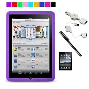 Silicone Skin Case for Apple iPad + Black Stylus + Retractable USB Cable + Screen Protector (Purple)