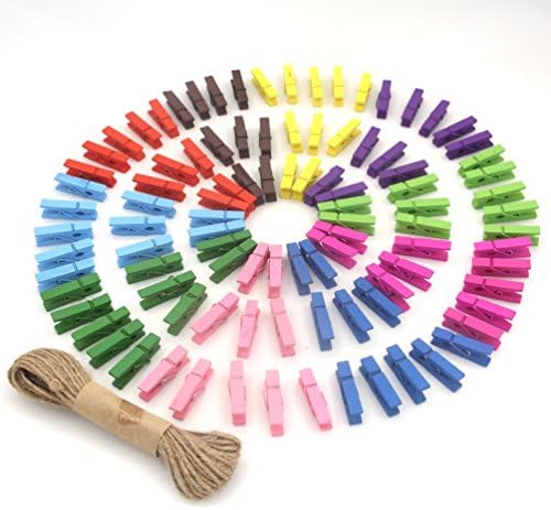 ColorMixs 100 Pieces Mini Colored Natural Wooden Photo Paper Peg Pin Craft Clips Clothespins with Jute Twine Home Festival Decoration