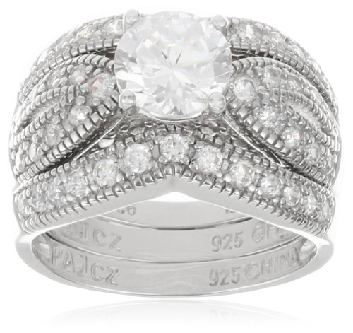 Platinum Plated Sterling Silver Round Diamond Simulant Bridal Set with Two Piece Matching Wedding Rings, Size 7