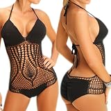 LOCOMO Sexy One Piece Scrunch Bottom Style Crochet Bathing Suit BM01 BK One Size Black