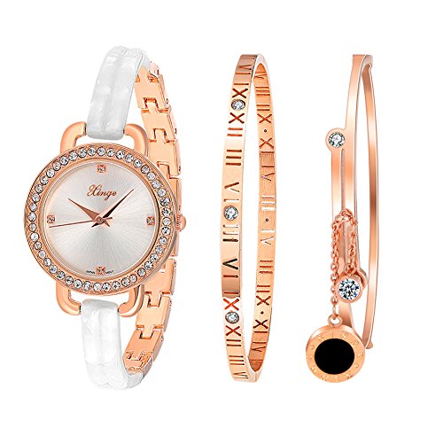 Xinge D3866L-W Women's Rose Gold Tone Roman Numerals Bangle Watch and Bracelet Set